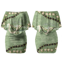 Hawaii Molokai Island Flowers Lei Couples Matching Off Shoulder Short Dress and Long Sleeve Button Shirt Kukui Nut Mossy Green