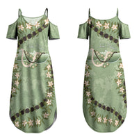 Hawaii Molokai Island Flowers Lei Couples Matching Summer Maxi Dress and Long Sleeve Button Shirt Kukui Nut Mossy Green
