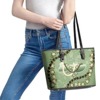 Hawaii Molokai Island Flowers Lei Leather Tote Bag Kukui Nut Mossy Green
