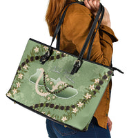 Hawaii Molokai Island Flowers Lei Leather Tote Bag Kukui Nut Mossy Green