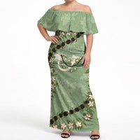 Hawaii Molokai Island Flowers Lei Off Shoulder Maxi Dress Kukui Nut Mossy Green