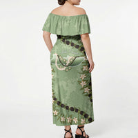 Hawaii Molokai Island Flowers Lei Off Shoulder Maxi Dress Kukui Nut Mossy Green