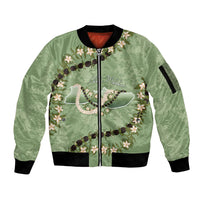 Hawaii Molokai Island Flowers Lei Sleeve Zip Bomber Jacket Kukui Nut Mossy Green