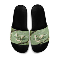 Hawaii Molokai Island Flowers Lei Slide Sandals Kukui Nut Mossy Green