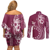 Kia Orana Cook Islands Couples Matching Off Shoulder Short Dress and Long Sleeve Button Shirt Tiare and Stars - Maroon LT7 - Polynesian Pride