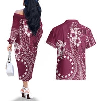Kia Orana Cook Islands Couples Matching Off The Shoulder Long Sleeve Dress and Hawaiian Shirt Tiare and Stars - Maroon
