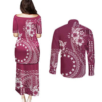 Kia Orana Cook Islands Couples Matching Puletasi and Long Sleeve Button Shirt Tiare and Stars - Maroon LT7 - Polynesian Pride