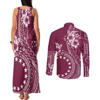 Kia Orana Cook Islands Couples Matching Tank Maxi Dress and Long Sleeve Button Shirt Tiare and Stars - Maroon LT7 - Polynesian Pride
