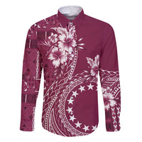 Kia Orana Cook Islands Family Matching Off Shoulder Maxi Dress and Hawaiian Shirt Tiare and Stars - Maroon LT7 Dad's Shirt - Long Sleeve Maroon - Polynesian Pride