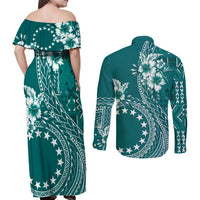 Kia Orana Cook Islands Couples Matching Off Shoulder Maxi Dress and Long Sleeve Button Shirt Tiare and Stars - Teal LT7 - Polynesian Pride