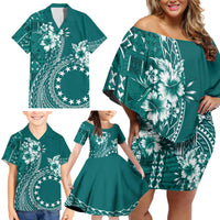 Kia Orana Cook Islands Family Matching Off Shoulder Short Dress and Hawaiian Shirt Tiare and Stars - Teal
