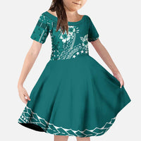 Kia Orana Cook Islands Family Matching Short Sleeve Bodycon Dress and Hawaiian Shirt Tiare and Stars - Teal LT7 Daughter's Dress Teal - Polynesian Pride