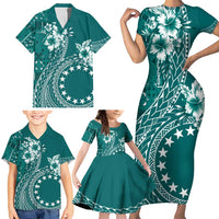 Kia Orana Cook Islands Family Matching Short Sleeve Bodycon Dress and Hawaiian Shirt Tiare and Stars - Teal LT7 - Polynesian Pride