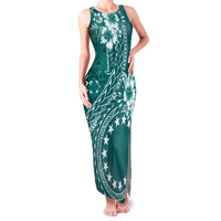 Kia Orana Cook Islands Family Matching Tank Maxi Dress and Hawaiian Shirt Tiare and Stars - Teal LT7 Mom's Dress Teal - Polynesian Pride