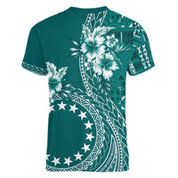 Kia Orana Cook Islands Women V-Neck T-Shirt Tiare and Stars - Teal LT7 - Polynesian Pride