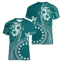 Kia Orana Cook Islands Women V-Neck T-Shirt Tiare and Stars - Teal LT7 - Polynesian Pride