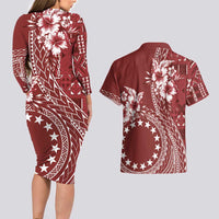 Kia Orana Cook Islands Couples Matching Long Sleeve Bodycon Dress and Hawaiian Shirt Tiare and Stars - Scarlet LT7 - Polynesian Pride