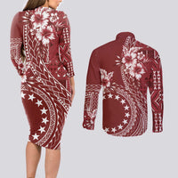 Kia Orana Cook Islands Couples Matching Long Sleeve Bodycon Dress and Long Sleeve Button Shirt Tiare and Stars - Scarlet LT7 - Polynesian Pride