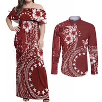 Kia Orana Cook Islands Couples Matching Off Shoulder Maxi Dress and Long Sleeve Button Shirt Tiare and Stars - Scarlet LT7 Red - Polynesian Pride