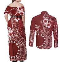Kia Orana Cook Islands Couples Matching Off Shoulder Maxi Dress and Long Sleeve Button Shirt Tiare and Stars - Scarlet LT7 - Polynesian Pride