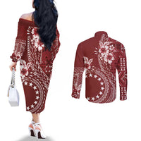 Kia Orana Cook Islands Couples Matching Off The Shoulder Long Sleeve Dress and Long Sleeve Button Shirt Tiare and Stars - Scarlet LT7 - Polynesian Pride