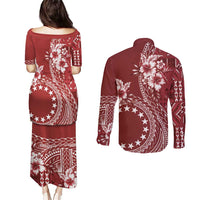 Kia Orana Cook Islands Couples Matching Puletasi and Long Sleeve Button Shirt Tiare and Stars - Scarlet LT7 - Polynesian Pride