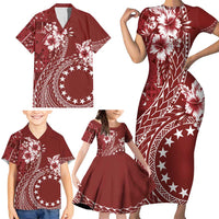 Kia Orana Cook Islands Family Matching Short Sleeve Bodycon Dress and Hawaiian Shirt Tiare and Stars - Scarlet LT7 - Polynesian Pride