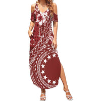 Kia Orana Cook Islands Family Matching Summer Maxi Dress and Hawaiian Shirt Tiare and Stars - Scarlet LT7 Mom's Dress Red - Polynesian Pride
