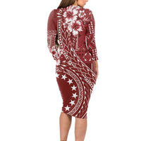 Kia Orana Cook Islands Long Sleeve Bodycon Dress Tiare and Stars - Scarlet