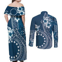 Kia Orana Cook Islands Couples Matching Off Shoulder Maxi Dress and Button Shirt - Tiare and Stars Navy Blue LT7 - Polynesian Pride