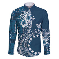 Kia Orana Cook Islands Family Matching Summer Maxi Dress and Hawaiian Shirt Tiare and Stars - Navy Blue LT7 Dad's Shirt - Long Sleeve Navy Blue - Polynesian Pride