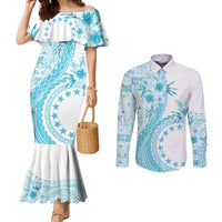 Kia Orana Cook Islands Couples Matching Mermaid Dress and Long Sleeve Button Shirt Tiare and Stars - Turquoise LT7 Turquoise - Polynesian Pride