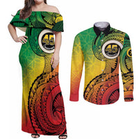 Vanuatu 45th Independence Anniversary Couples Matching Off Shoulder Maxi Dress and Long Sleeve Button Shirt Ni-Van Sandroing - Polynesian Pride