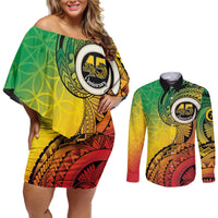 Vanuatu 45th Independence Anniversary Couples Matching Off Shoulder Short Dress and Long Sleeve Button Shirt Ni-Van Sandroing - Polynesian Pride