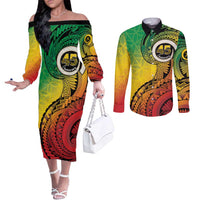 Vanuatu 45th Independence Anniversary Couples Matching Off The Shoulder Long Sleeve Dress and Long Sleeve Button Shirt Ni-Van Sandroing - Polynesian Pride