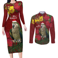 Kakapo Bird New Zealand Couples Matching Long Sleeve Bodycon Dress and Long Sleeve Button Shirt Floral Christmas