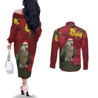 Kakapo Bird New Zealand Couples Matching Off The Shoulder Long Sleeve Dress and Long Sleeve Button Shirt Floral Christmas