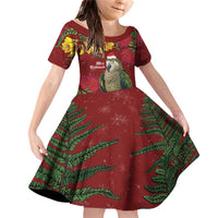 Kakapo Bird New Zealand Family Matching Off Shoulder Short Dress and Hawaiian Shirt Floral Christmas LT7 Daughter's Dress Red - Polynesian Pride
