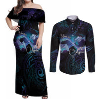 Polynesian Personalized Memorial Couples Matching Off Shoulder Maxi Dress and Long Sleeve Button Shirt Oceanic Infinity Symbol - Until We Meet Again - Polynesian Pride