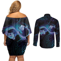 Polynesian Personalized Memorial Couples Matching Off Shoulder Short Dress and Long Sleeve Button Shirt Oceanic Infinity Symbol - Until We Meet Again - Polynesian Pride