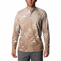 Hawaii Beige Kapa Button Sweatshirt Vintage 'Ohe Kāpala Motifs Mix Plumeria Leis
