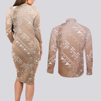 Hawaii Beige Kapa Couples Matching Long Sleeve Bodycon Dress and Long Sleeve Button Shirt Vintage 'Ohe Kāpala Motifs Mix Plumeria Leis