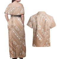 Hawaii Beige Kapa Couples Matching Off Shoulder Maxi Dress and Hawaiian Shirt Vintage 'Ohe Kāpala Motifs Mix Plumeria Leis