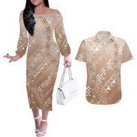 Hawaii Beige Kapa Couples Matching Off The Shoulder Long Sleeve Dress and Hawaiian Shirt Vintage 'Ohe Kāpala Motifs Mix Plumeria Leis LT7 Beige - Polynesian Pride