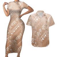 Hawaii Beige Kapa Couples Matching Short Sleeve Bodycon Dress and Hawaiian Shirt Vintage 'Ohe Kāpala Motifs Mix Plumeria Leis LT7 Beige - Polynesian Pride