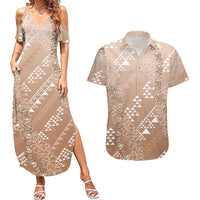 Hawaii Beige Kapa Couples Matching Summer Maxi Dress and Hawaiian Shirt Vintage 'Ohe Kāpala Motifs Mix Plumeria Leis