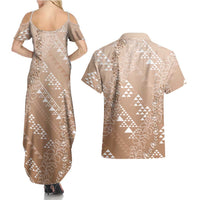 Hawaii Beige Kapa Couples Matching Summer Maxi Dress and Hawaiian Shirt Vintage 'Ohe Kāpala Motifs Mix Plumeria Leis