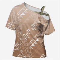 Hawaii Beige Kapa Cross Shoulder Shirt Vintage 'Ohe Kāpala Motifs Mix Plumeria Leis LT7 Female Beige - Polynesian Pride