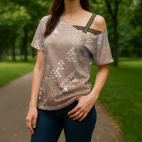 Hawaii Beige Kapa Cross Shoulder Shirt Vintage 'Ohe Kāpala Motifs Mix Plumeria Leis LT7 - Polynesian Pride