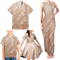 Hawaii Beige Kapa Family Matching Tank Maxi Dress and Hawaiian Shirt Vintage 'Ohe Kāpala Motifs Mix Plumeria Leis LT7 - Polynesian Pride